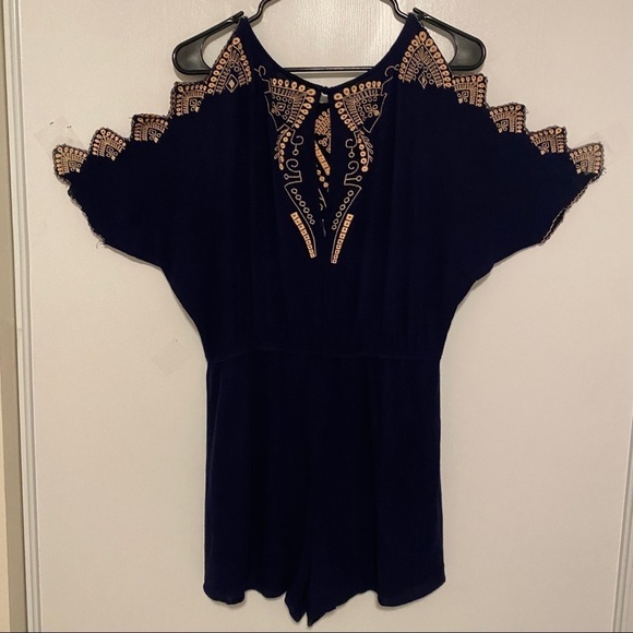 Alya Romper Navy Blue With Cream Embroidery Cold Shoulder Sleeve Short - Picture 4 of 9